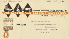 710277 Kop van een nota van de Commanditaire Vennootschap G.W. Koppen Jr., Utr. Fabriek van Rollend Materieel, kantoor ...